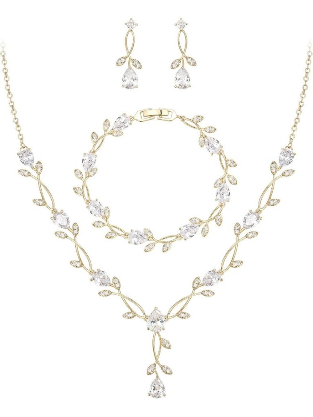 Elegant Pearl & Cubic Zirconia Bridal Jewelry Set - Leaf Design for Weddings